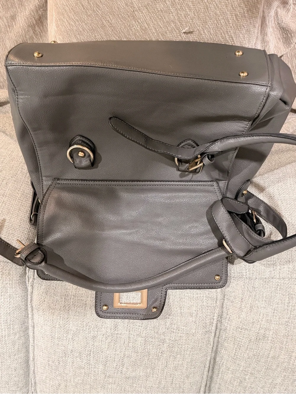 Gray Leather Shoulder Bag with Gold Hardware